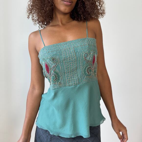 Vintage Italian 100% Silk Embroidered Beaded Cami with Side Zip (M) - Picture 1 of 8